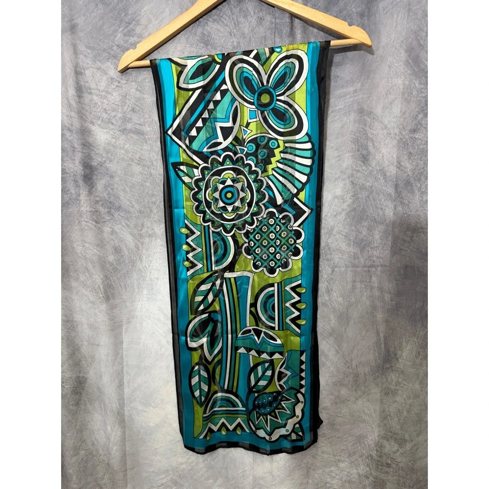 Bob Mackie Wearable Art 100% Silk Scarf Turquoise Green Geometric Floral Wrap
